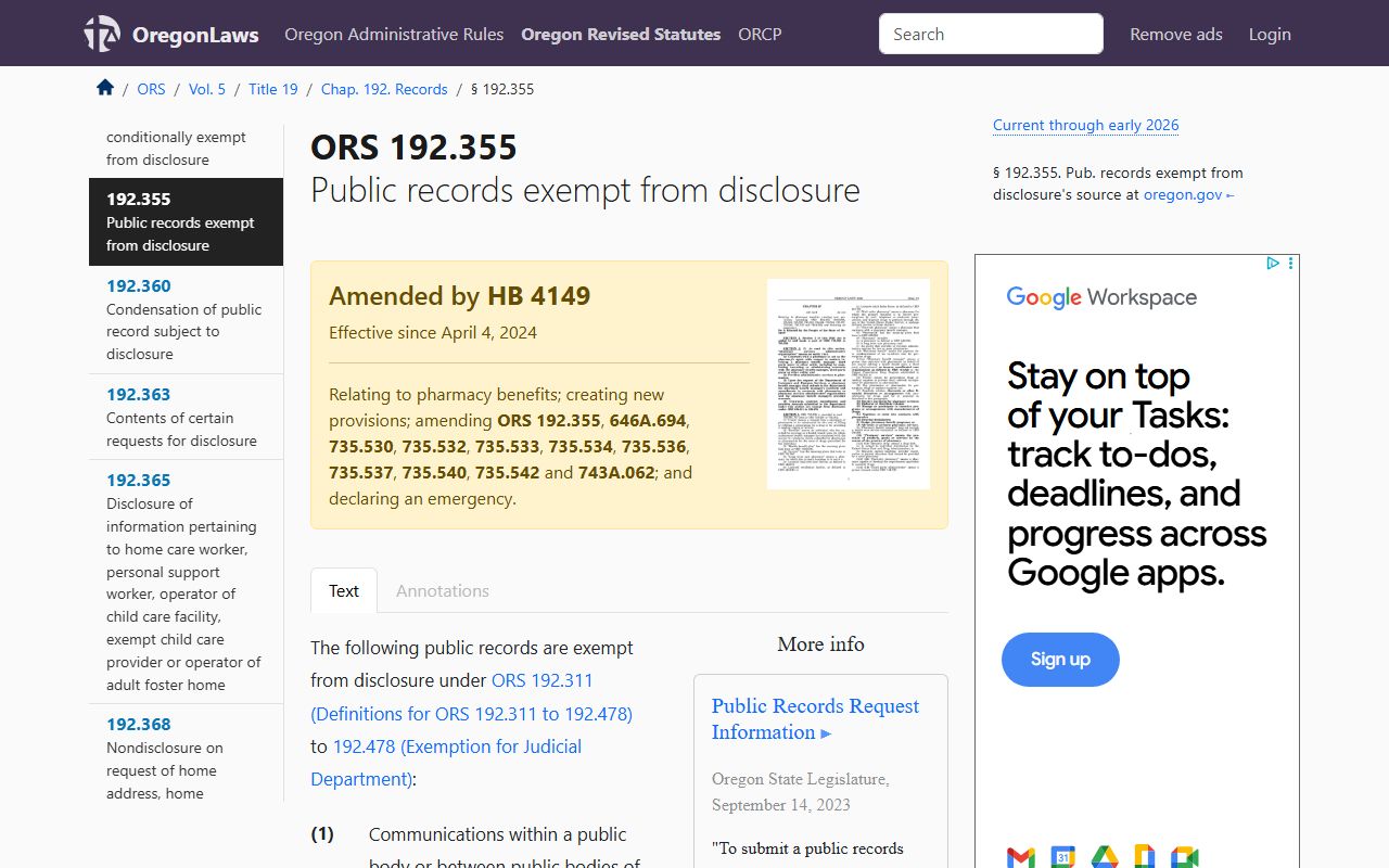 Oregon absolute exemptions for police records under ORS 192.355