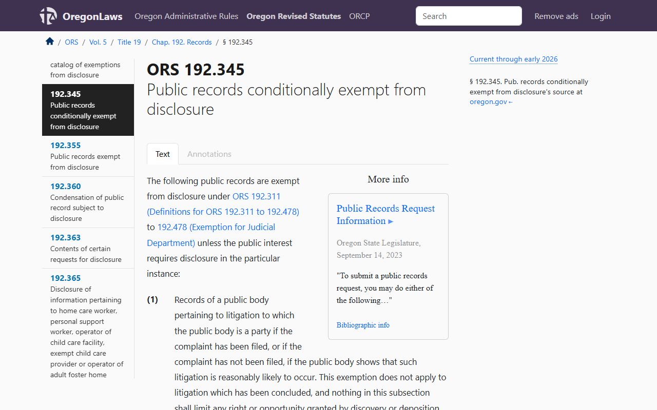 Oregon conditional exemptions for police records under ORS 192.345