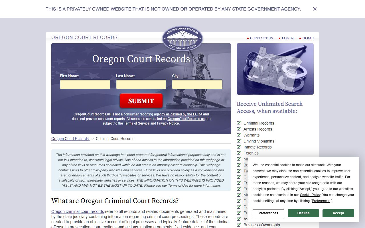 Oregon court records guide for searching police records and criminal cases