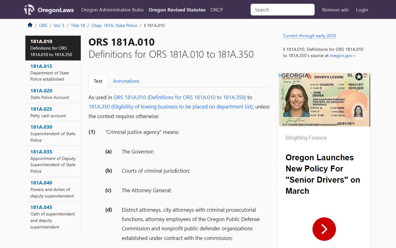 Oregon criminal justice definitions under ORS 181A.010 for police records
